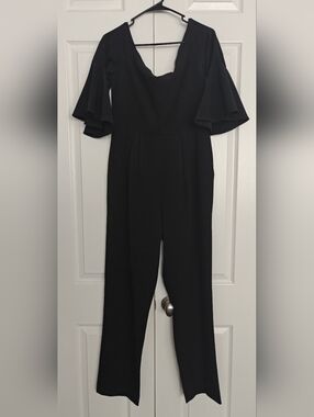 Eliza J Black V-Neck Jumpsuit with Flutter Sleeves,Size 10